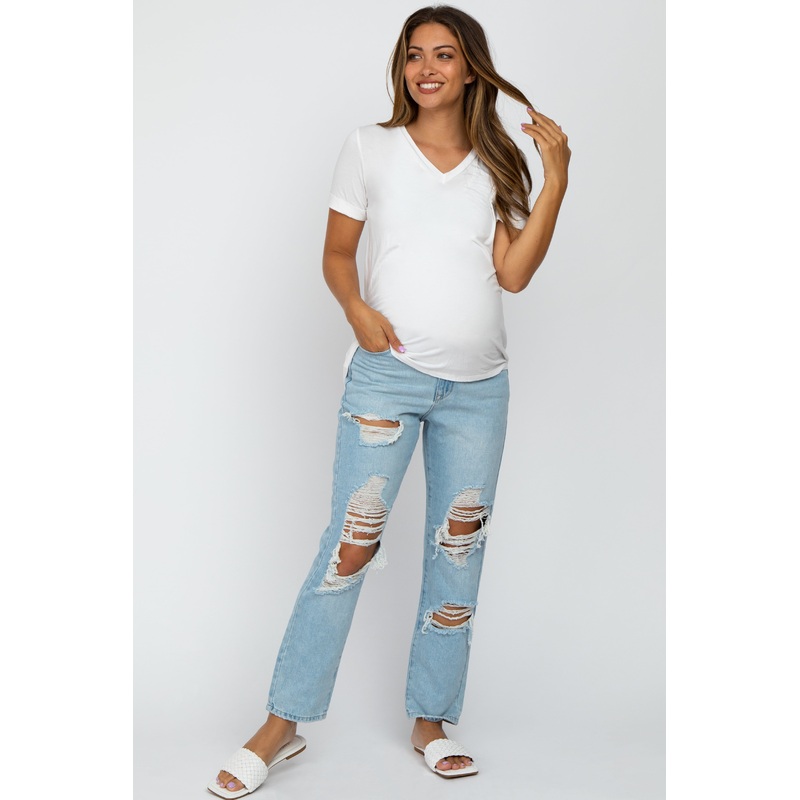 Light Blue Ripped Knee Distressed Maternity Jeans