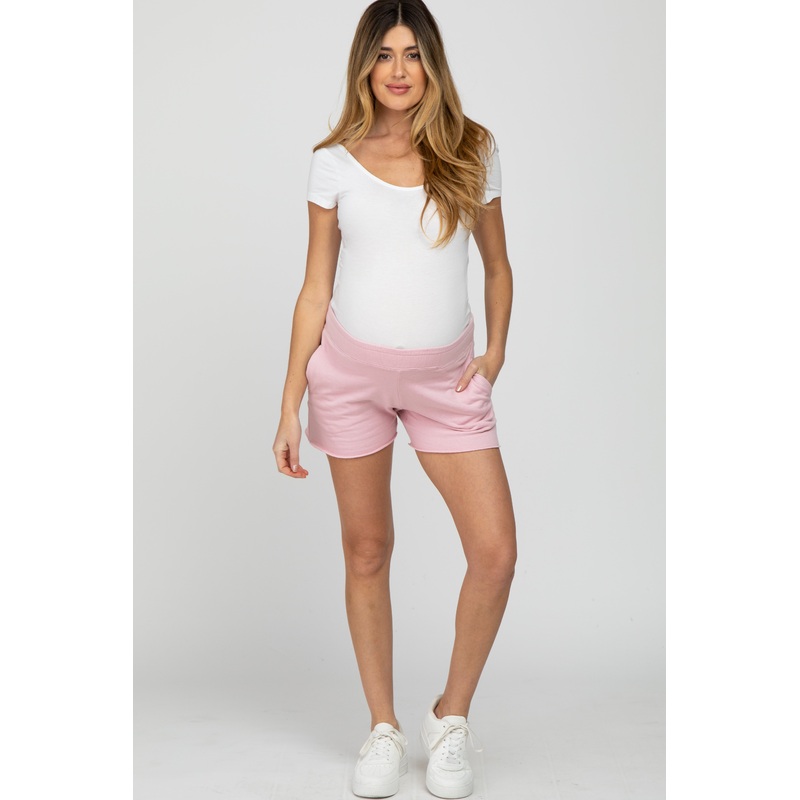 Light Pink French Terry Raw Hem Maternity Shorts