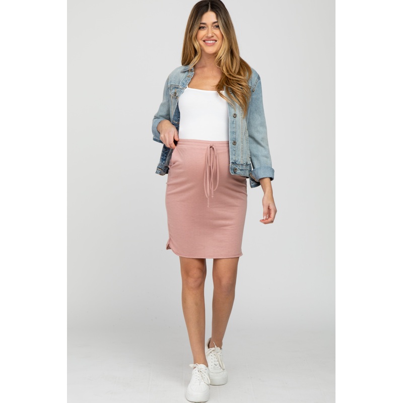 Light Pink Front Tie Round Hem Maternity Skirt