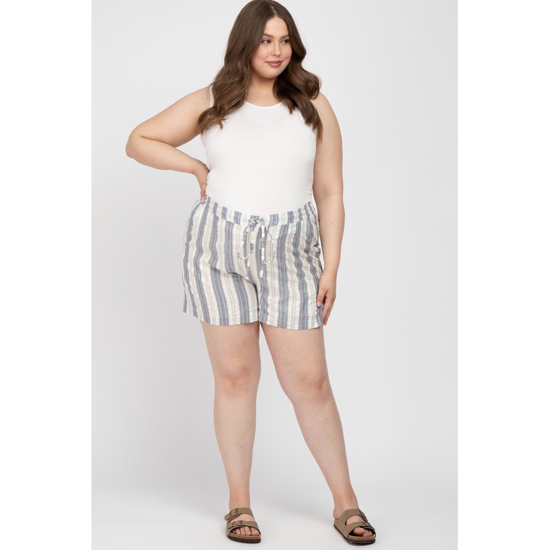 Navy Blue Striped Drawstring Maternity Plus Shorts