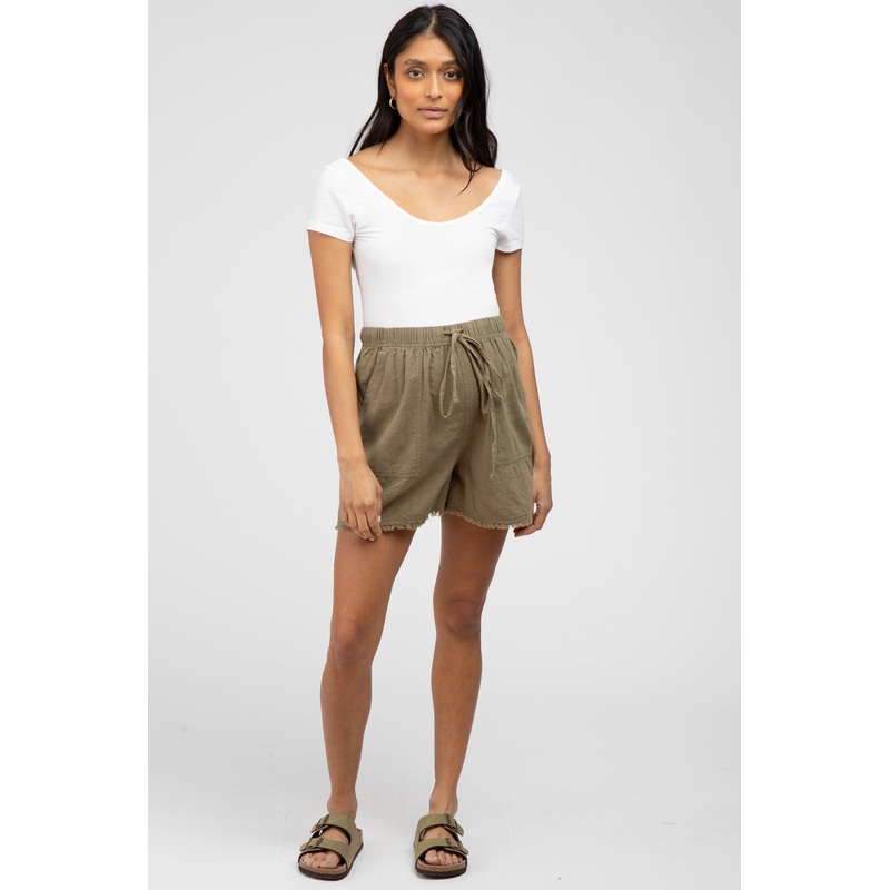 Olive Linen Fringe Hem Drawstring Maternity Shorts