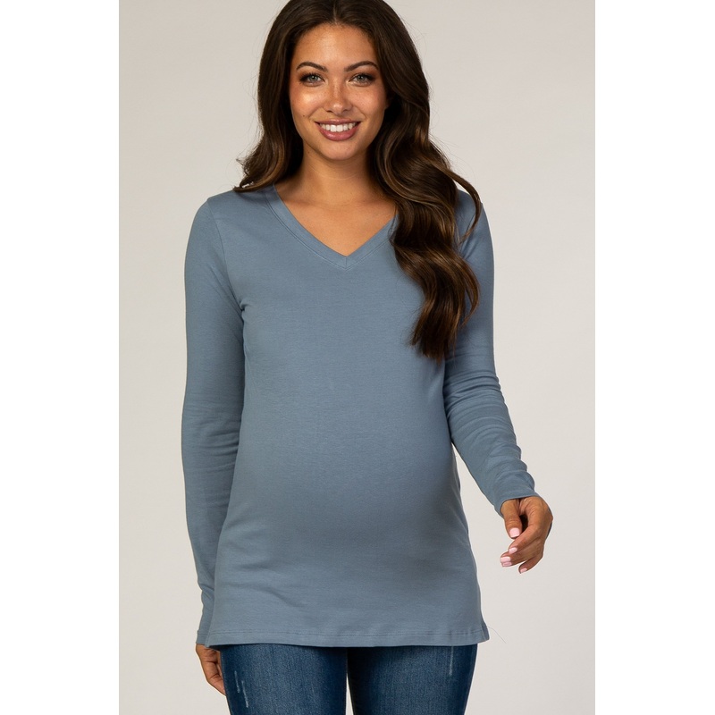 Slate Blue Fitted V-Neck Maternity Top