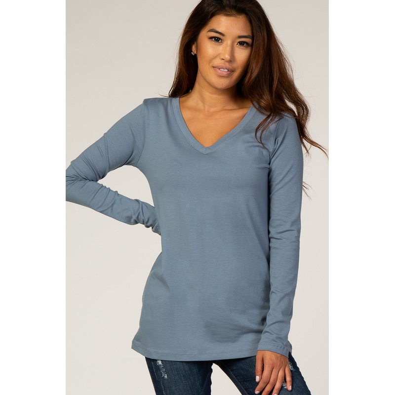 Slate Blue Fitted V-Neck Top