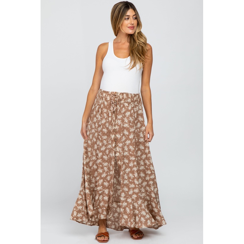 Taupe Floral Hi-Low Button Front Maternity Skirt