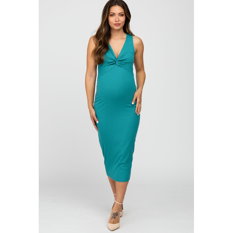 Teal Ribbed Twist Front Maternity Midi Dress