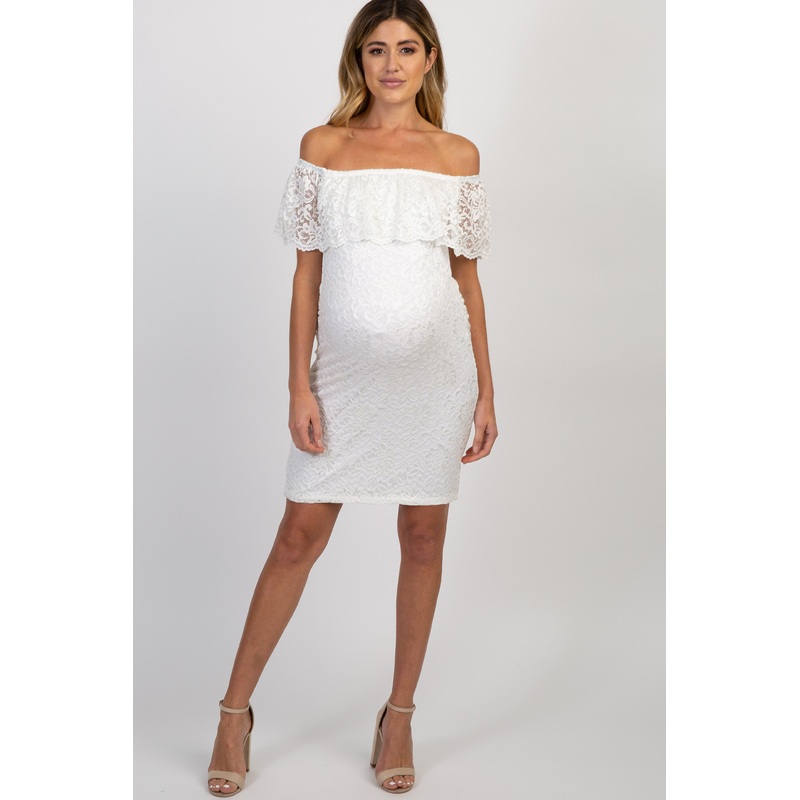 White Lace Off Shoulder Fitted Maternity Dress