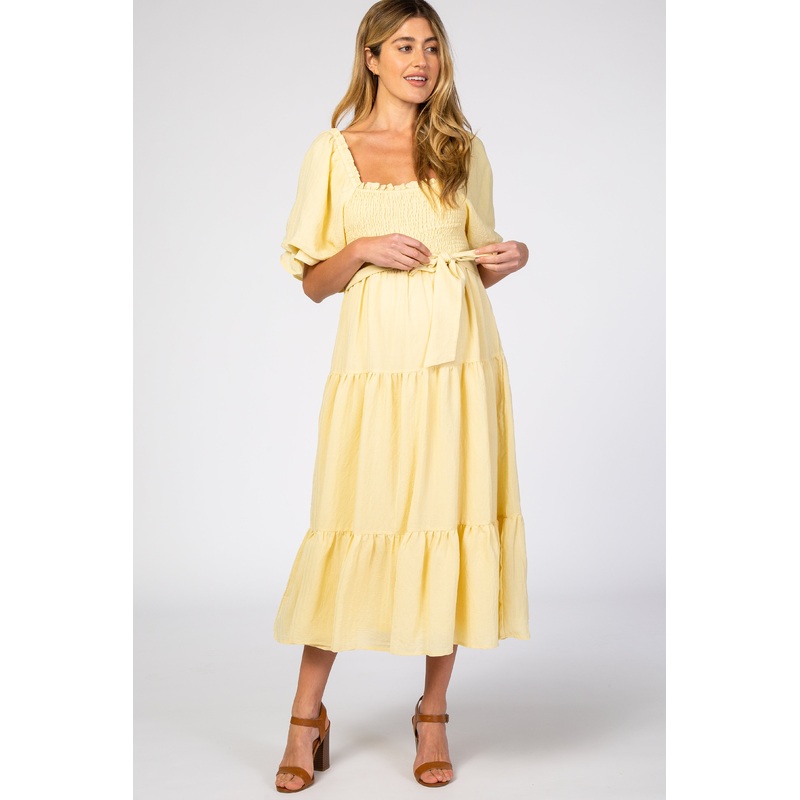 Yellow Smocked Tiered Maternity Dress