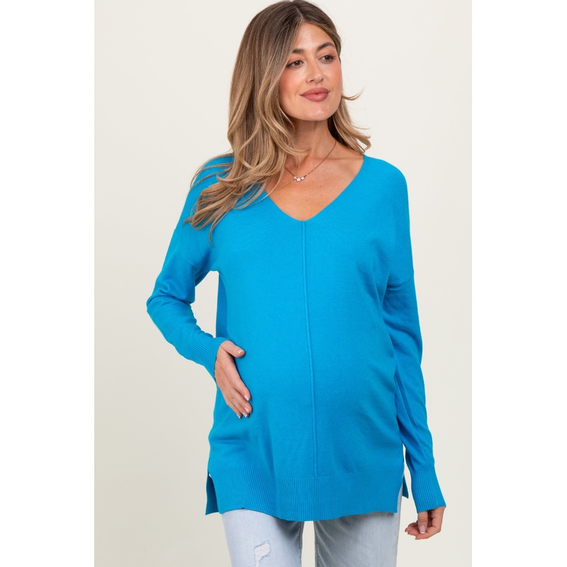 Aqua Front Seam V-Neck Side Slit Maternity Sweater