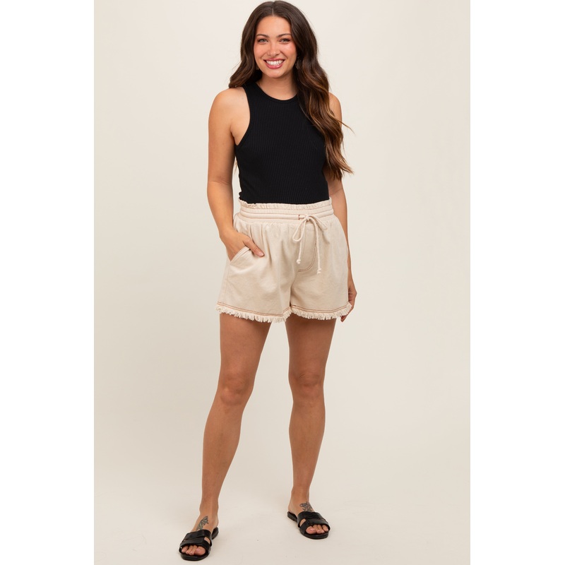 Beige Drawstring Fringe Hem Maternity Shorts