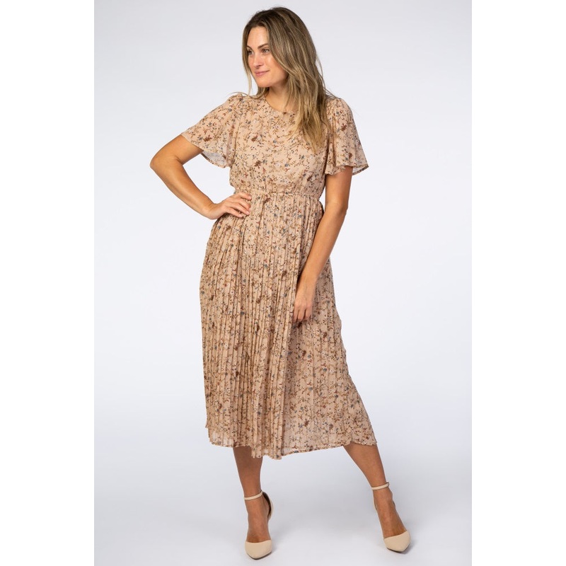 Beige Floral Pleated Chiffon Midi Dress