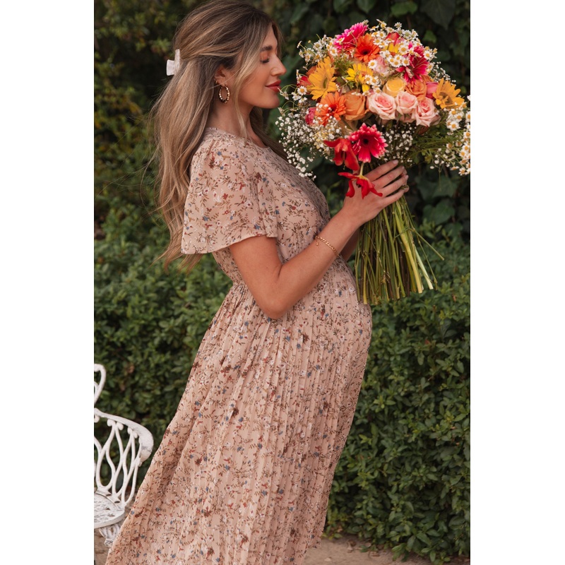 Beige Floral Pleated Short Sleeve Chiffon Maternity Midi Dress