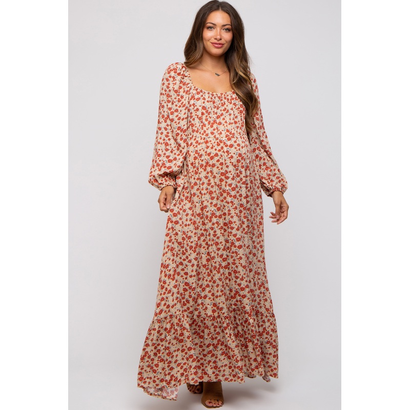 Beige Floral Square Neck Ruffle Maternity Maxi Dress