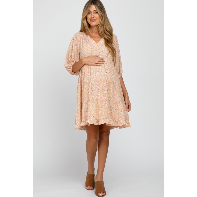 Beige Floral Tiered Smocked Split Neck Maternity Dress