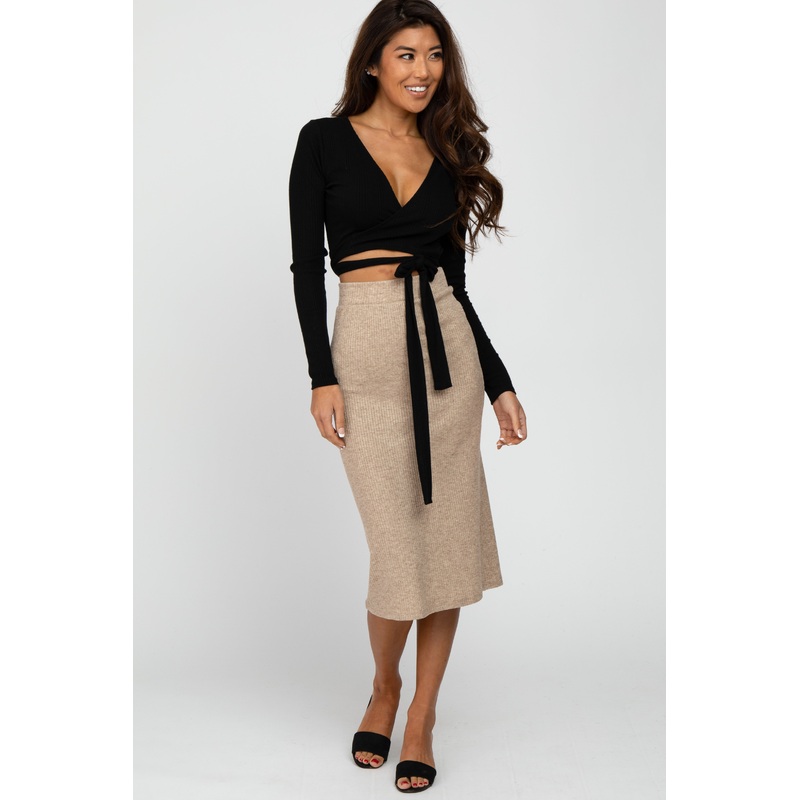 Beige Ribbed Back Slit Pencil Skirt