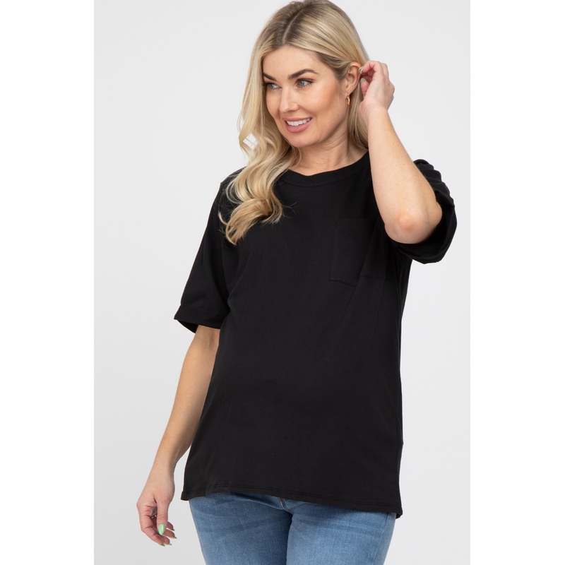 Black Oversized Pocket Front Short Sleeve Maternity Top