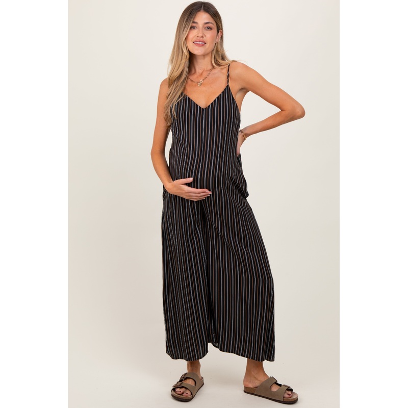 Black Striped Wide Leg Sleeveless Maternity Jumpsuit