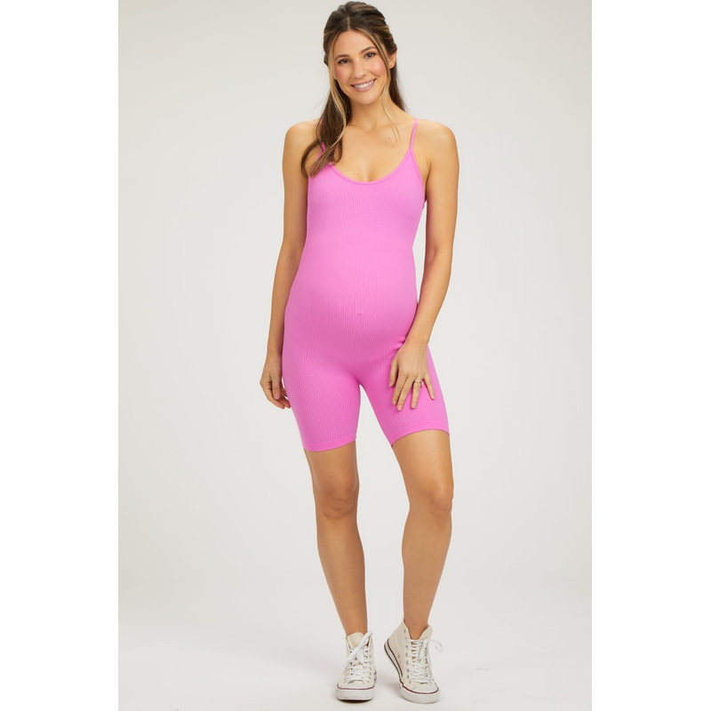 Fuchsia Ribbed Biker Short Maternity Romper