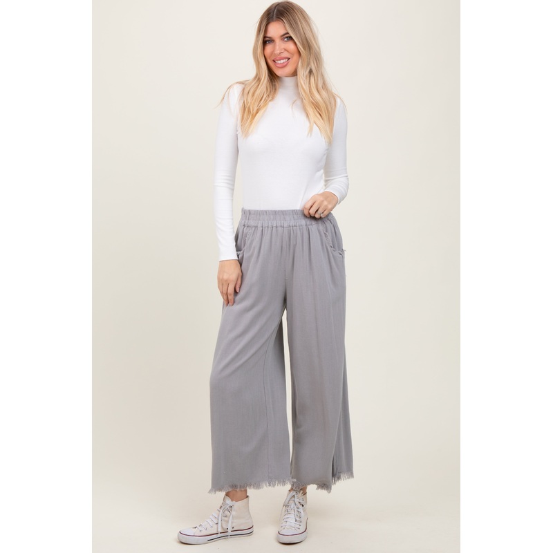 Grey Linen Frayed Hem Crop Pants