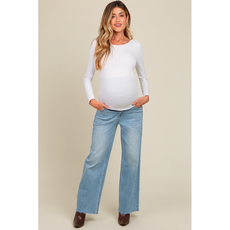 Light Blue Cut Hem Straight Leg Maternity Jeans