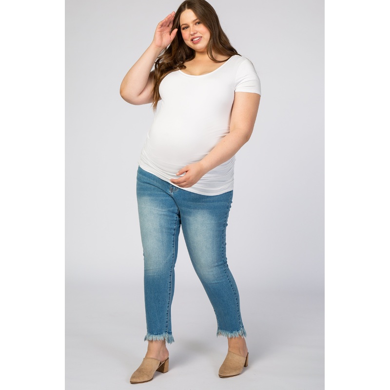 Medium Wash Fringe Hem Cropped Plus Maternity Jeans