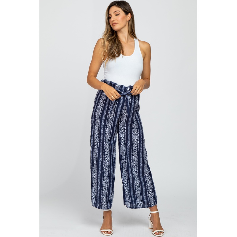 Navy Printed Tie Front Maternity Pants