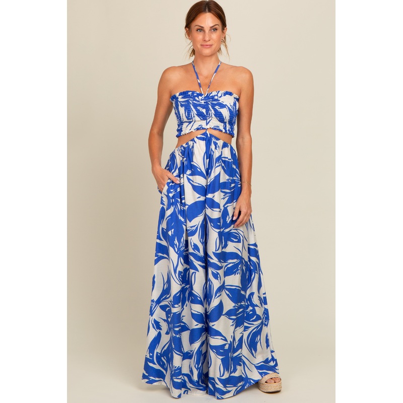 Royal Blue Tropical Print Cutout Smocked Jumpsuit