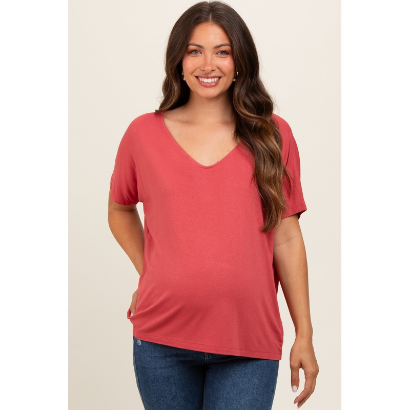 Rust Short Dolman Sleeve V-Neck Maternity Top