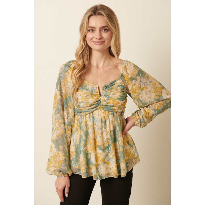 Sage Combo Flower Print Ruching  Detail Blouse