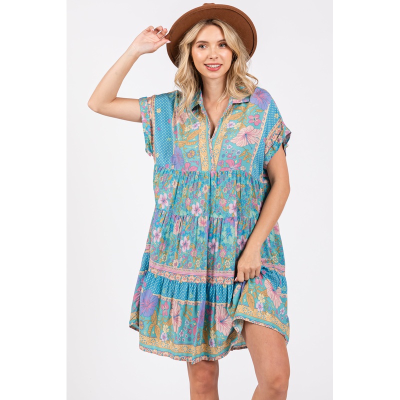Turquoise Mixed Floral Tiered Dress