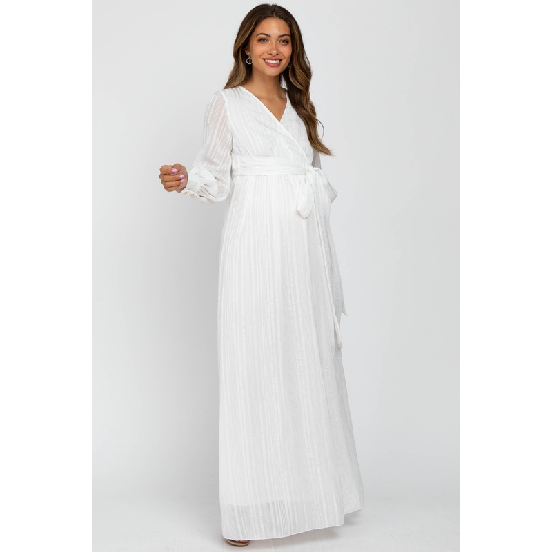 White Metallic Striped Chiffon Maternity Maxi Dress