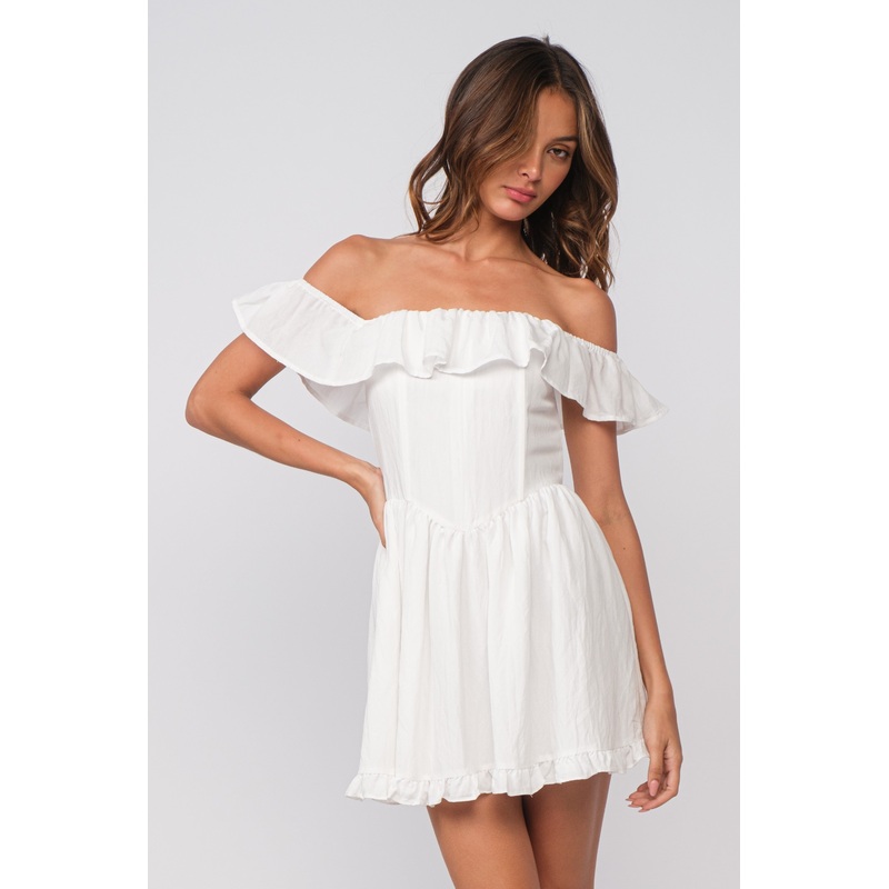 White Ruffle Off Shoulder Drop-Waist Mini Dress