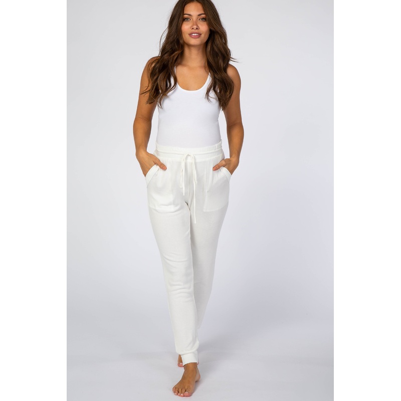 White Soft Brushed Drawstring Maternity Lounge Pants