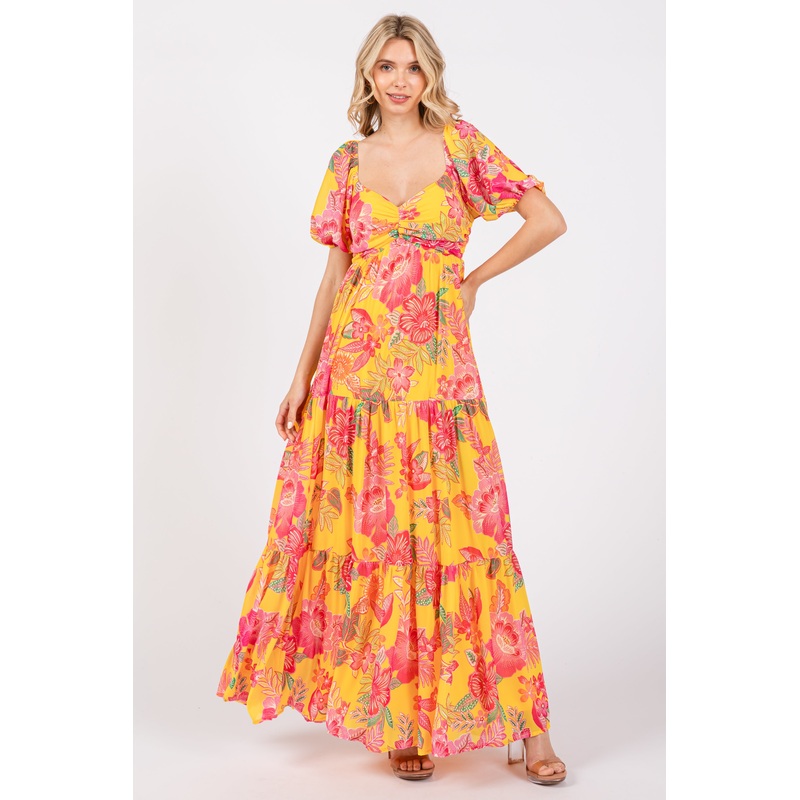 Yellow Floral Sweetheart Neck Tiered Maxi Dress