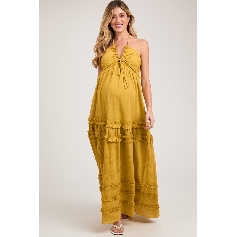 Yellow Ruffle Ruched Deep V-Neck Maternity Maxi Dress