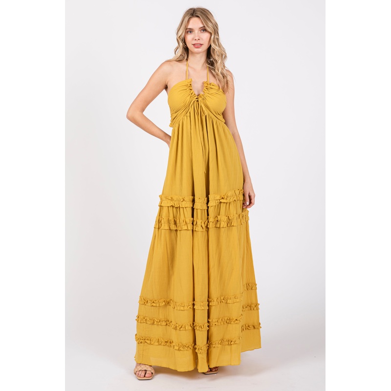 Yellow Ruffle Ruched Deep V-Neck Maxi Dress