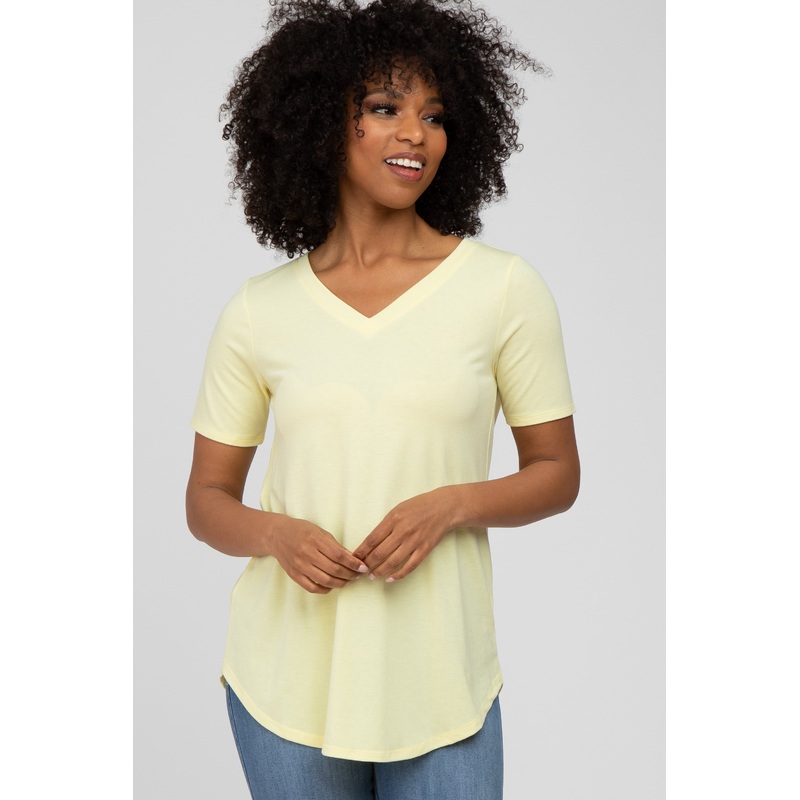 Yellow V-Neck Short Sleeve Round Hem Top