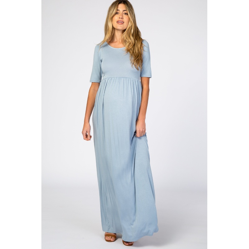 Baby Blue Short Sleeve Maternity Maxi Dress