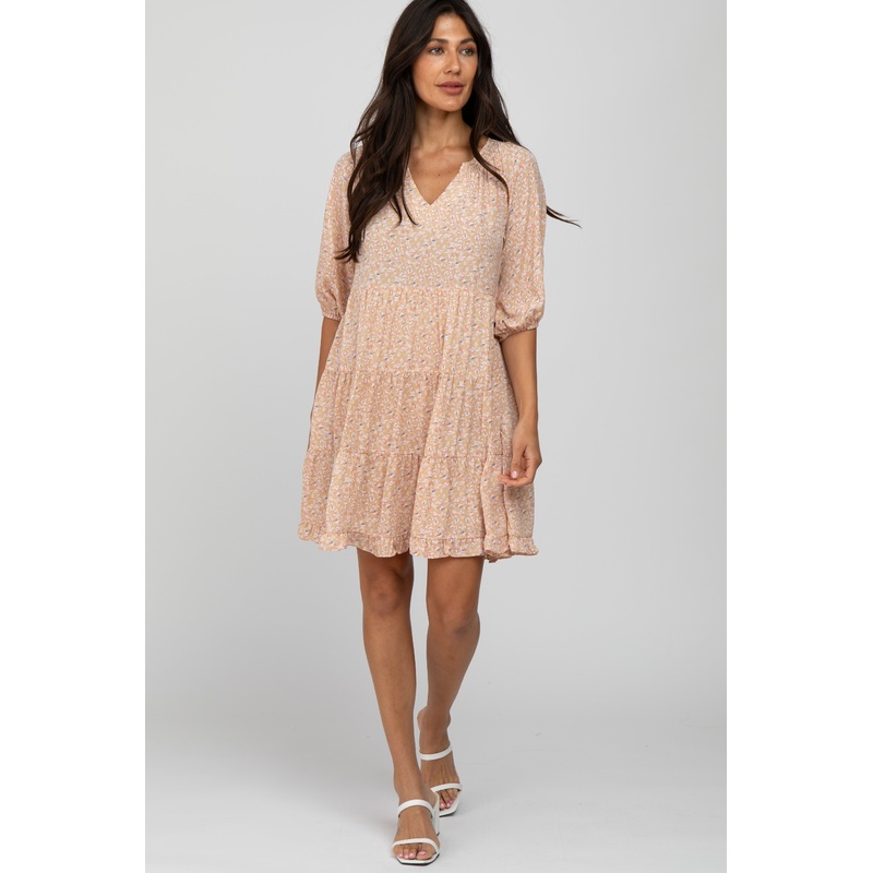 Beige Floral Tiered Smocked Split Neck Dress