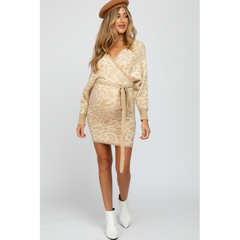 Beige Leopard Print Knit Tie Back Maternity Dress