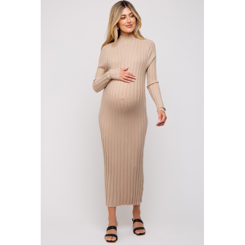 Beige Ribbed Turtle Neck Maternity Midi Dress
