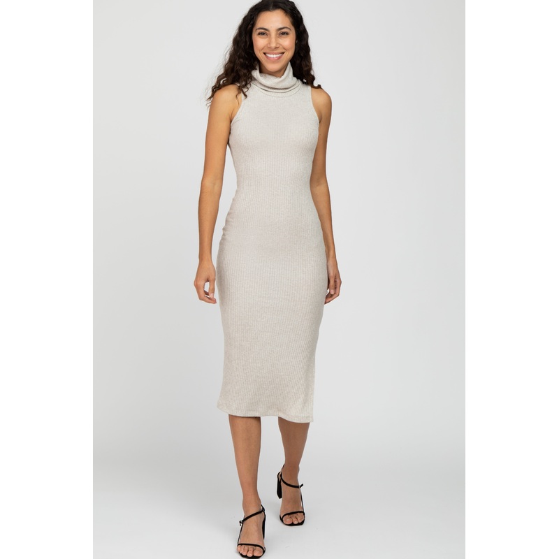 Beige Ribbed Turtleneck Fitted Midi Dress