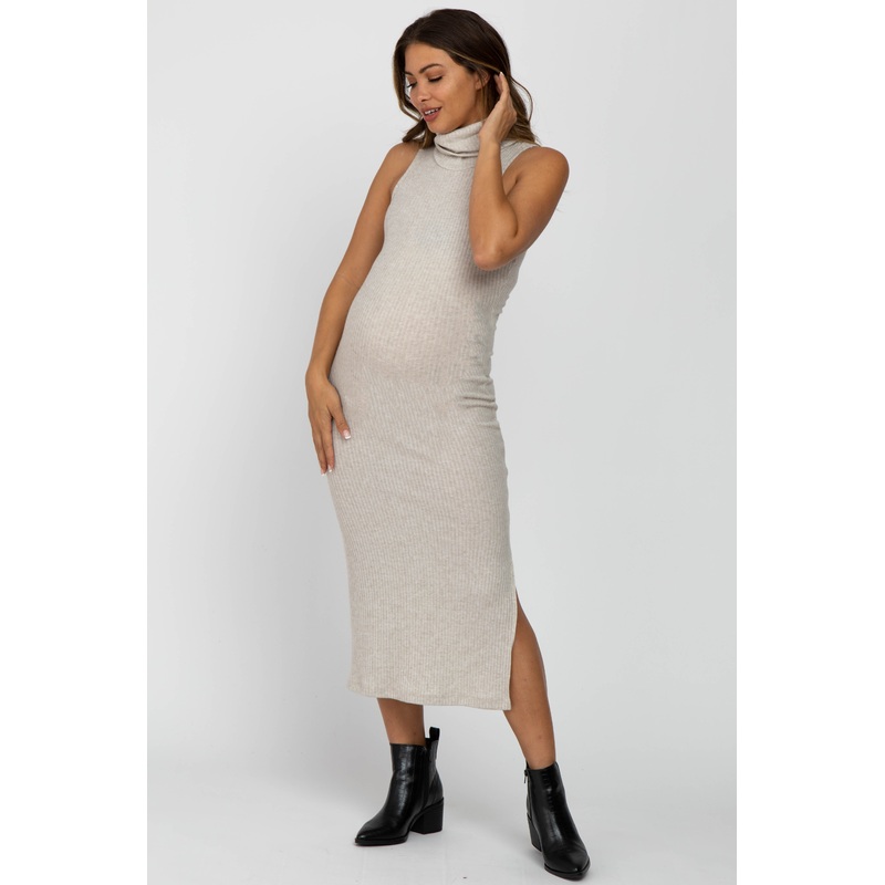 Beige Ribbed Turtleneck Fitted Midi Maternity Dress