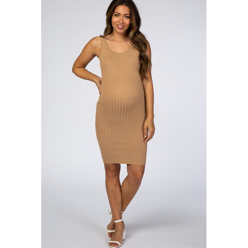 Beige Sleeveless Ribbed Fitted Maternity Dress