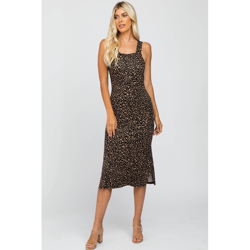 Black Animal Print Square Neck Fitted Midi Dress