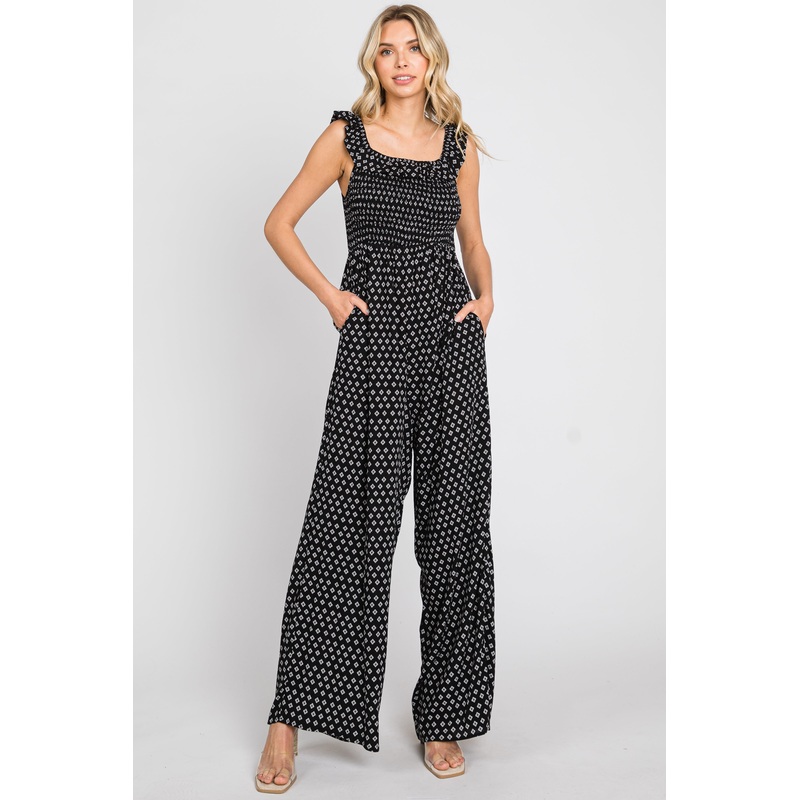 Black Smocked Off Shoulder Jumpsuit