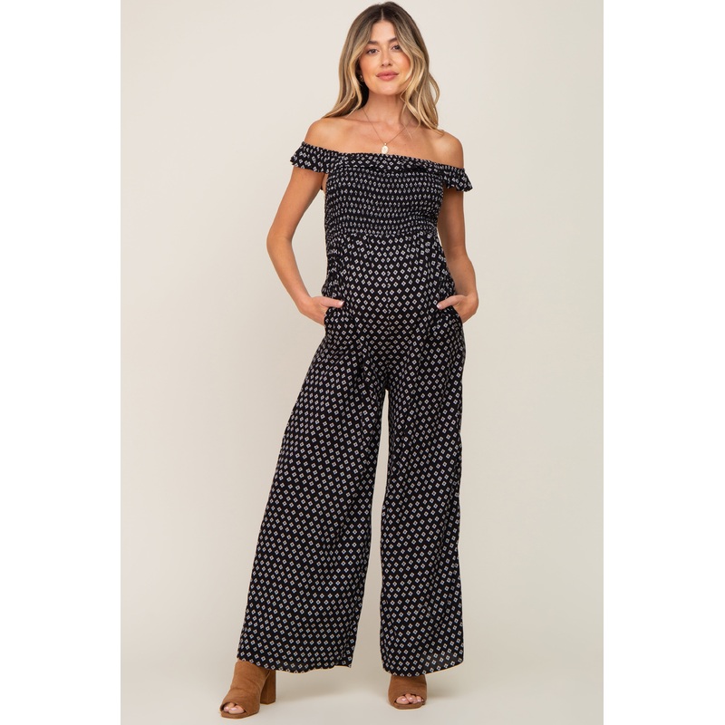 Black Smocked Off Shoulder Maternity Jumpsuit
