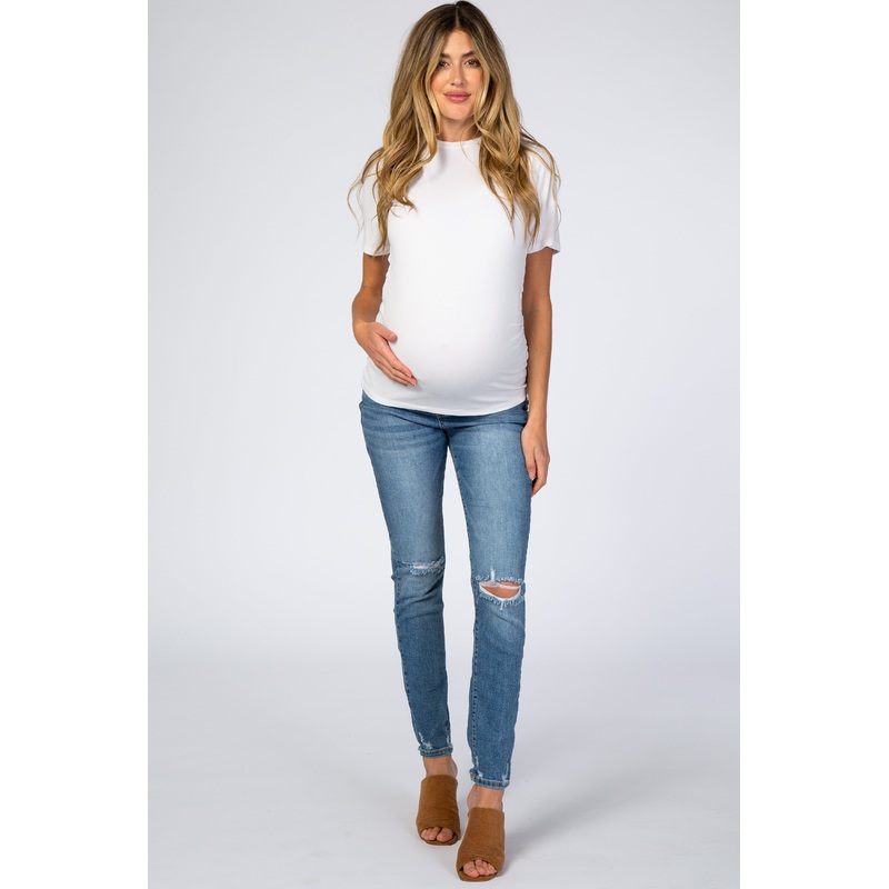 Blue Distressed Knee Maternity Skinny Jeans