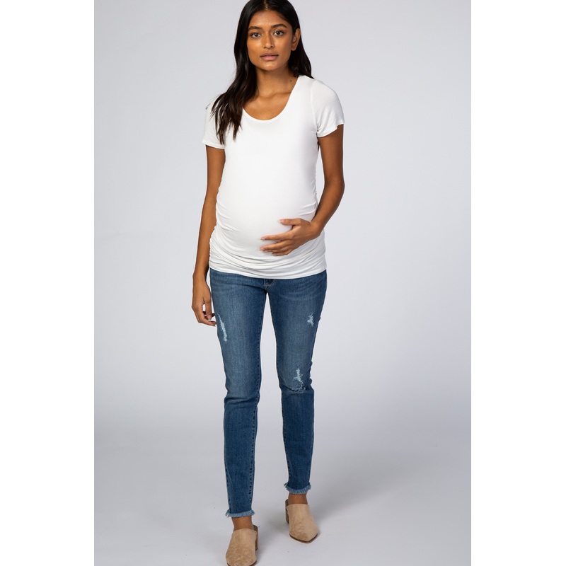 Blue Distressed Raw Hem Skinny Crop Maternity Jeans
