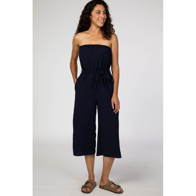Navy Blue Strapless Wide Crop Leg Jumpsuit