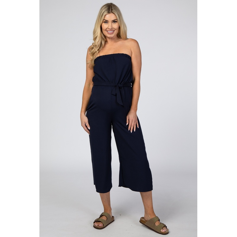 Navy Blue Strapless Wide Crop Leg Maternity Jumpsuit